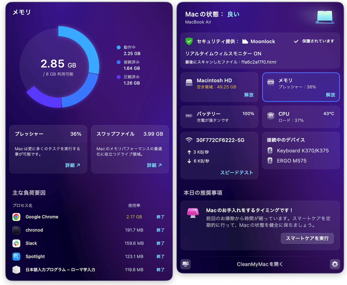 難しそうな「アクティビティモニタ」に抵抗がある方は、MacクリーナーアプリCleanMyMacを試してみませんか