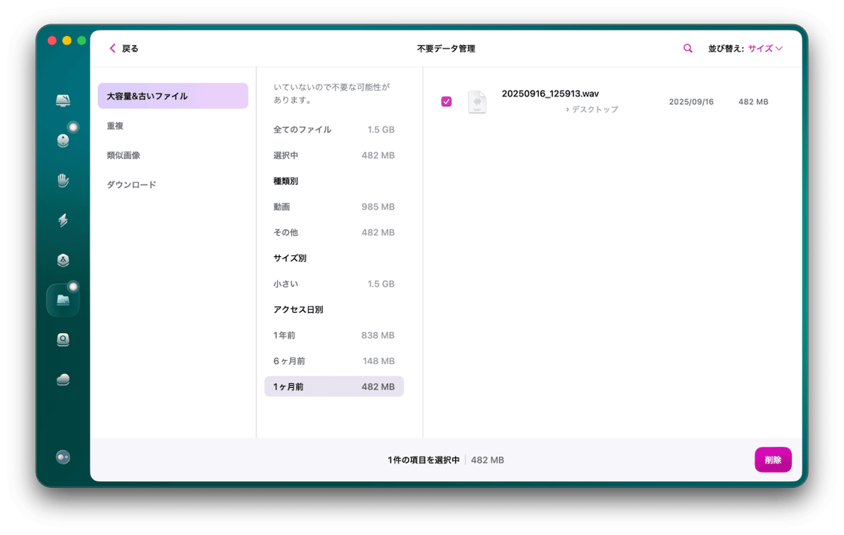 大きなファイルと古いファイルを削除