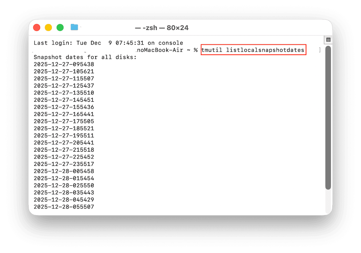 ターミナルに次のように入力する：「tmutil listlocalsnapshotdates」