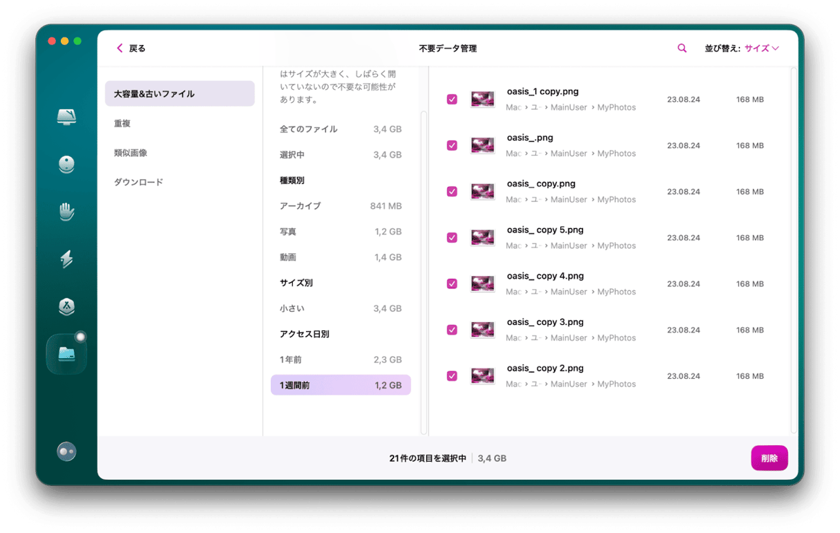 大きなファイルと古いファイルを削除
