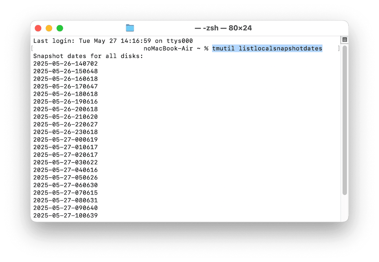 ターミナルに次のように入力する:「tmutil listlocalsnapshotdates」