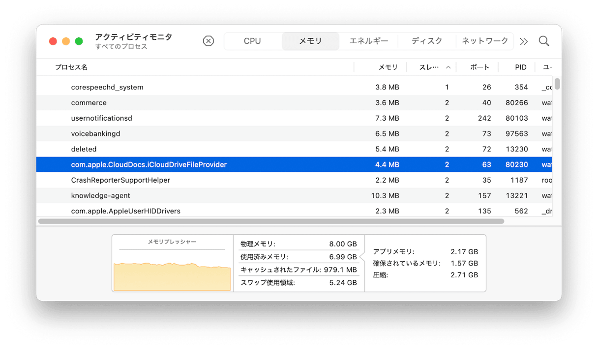 アクティビティモニターでプロセスを確認する